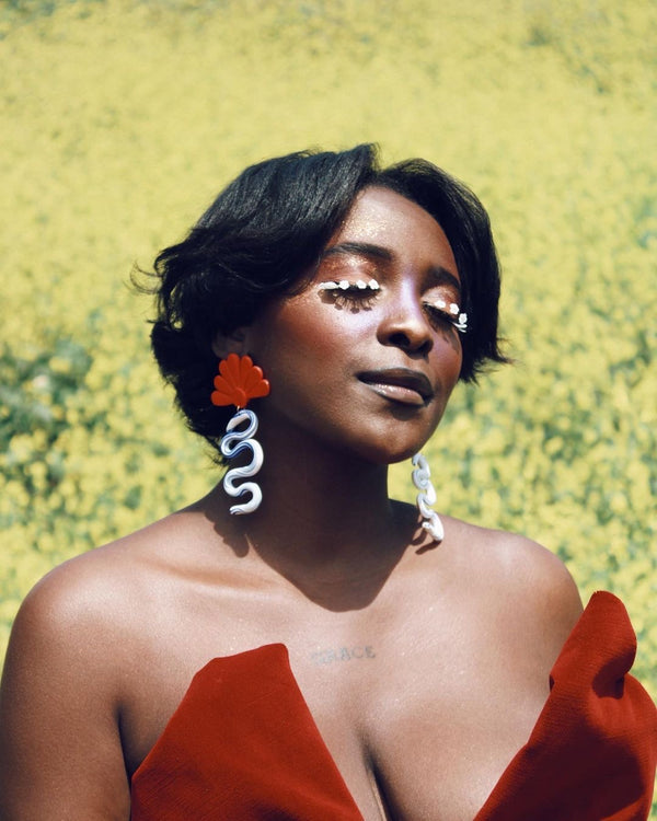 Featuring Talia-Red Statement Earrings in Full Bloom Editorial by B Dunn