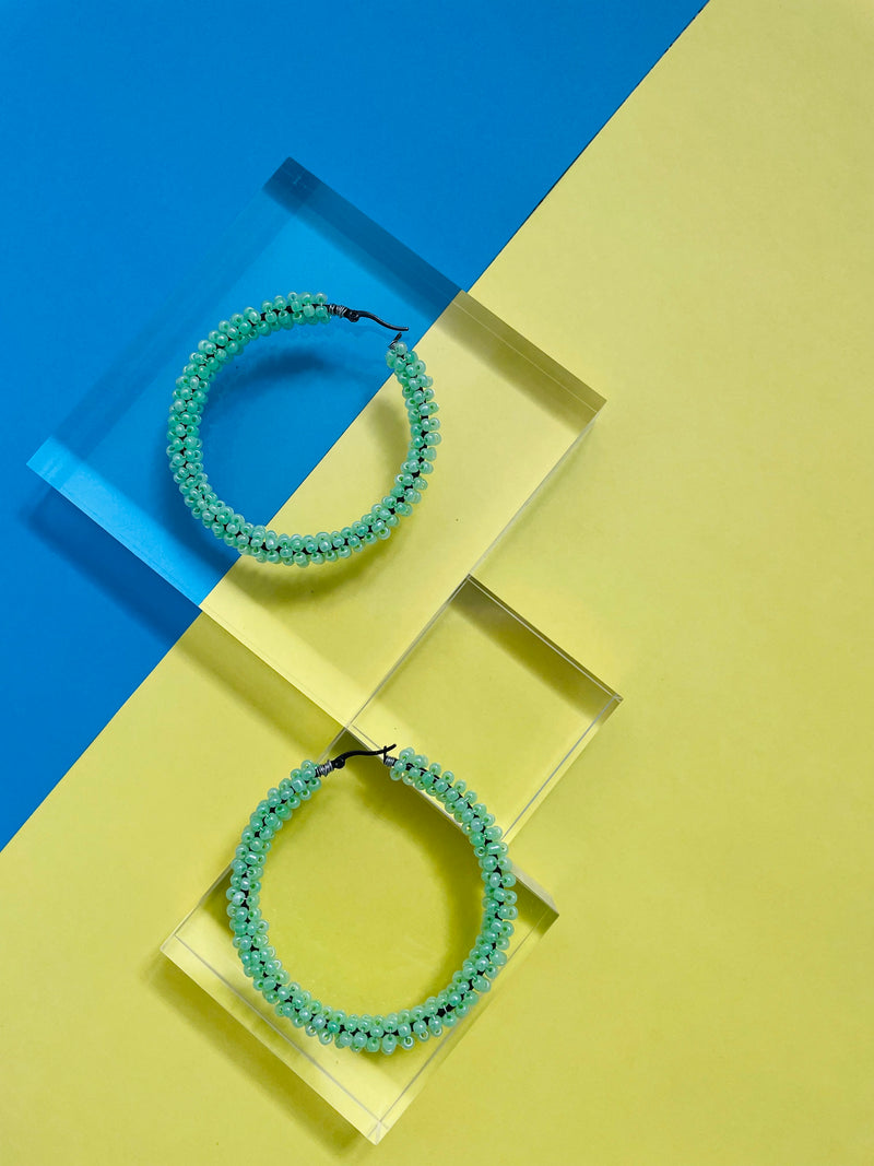 NOVA BEADED HOOP EARRINGS - In Sage Green