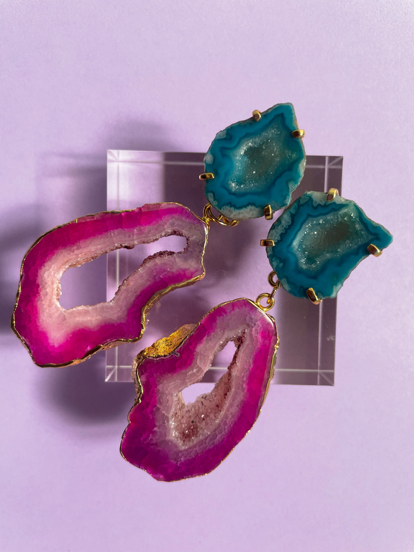 'OHEMA' Gemstone Druzy 24kt Gold Statement Earrings