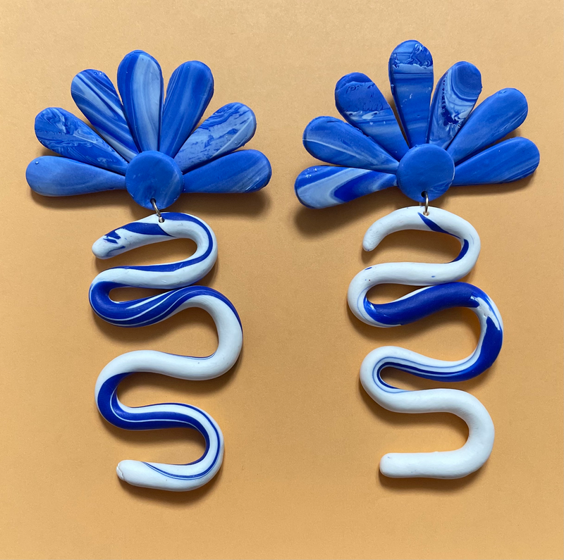 Marina Blue Marble Effect - Oversized Drop Earrings