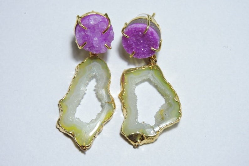 'Yara'- Gemstone Quartz Druzy 24kt Gold Statement Earrings