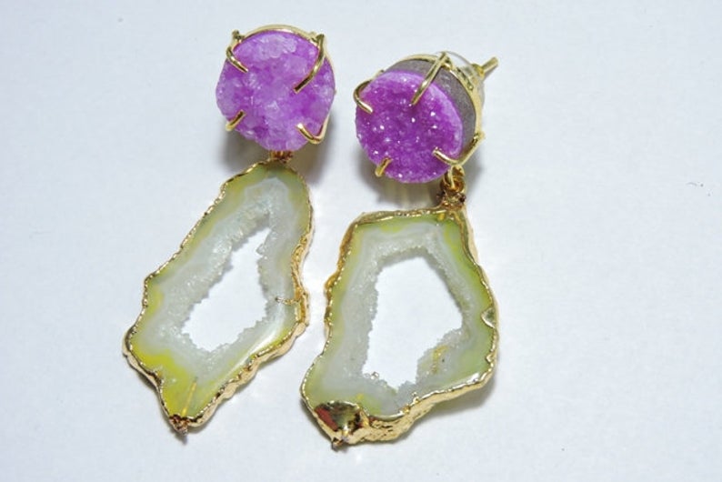 'Yara'- Gemstone Quartz Druzy 24kt Gold Statement Earrings