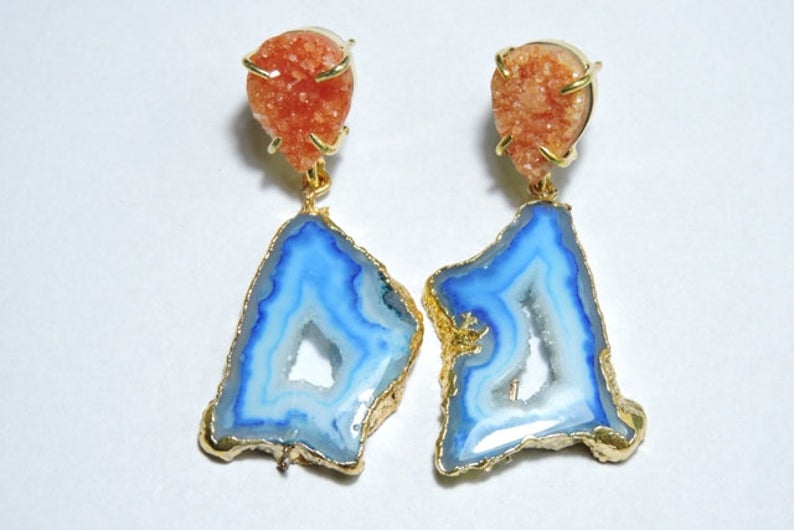 'Ohana'- Gemstone Quartz Druzy 24kt Gold Statement Earrings