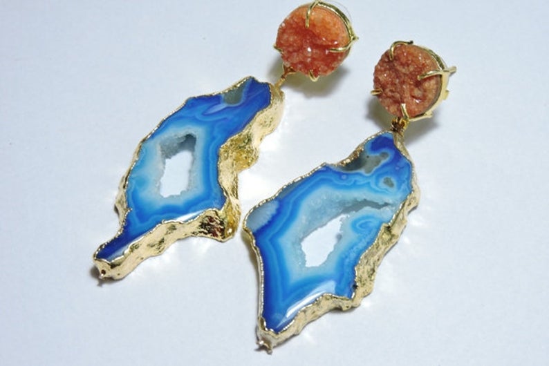 'Ohana'- Gemstone Quartz Druzy 24kt Gold Statement Earrings
